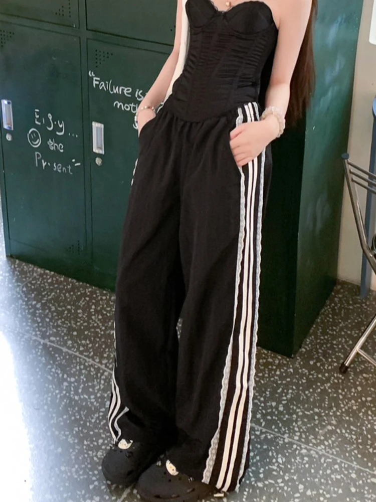 ハイウエスト痩身カジュアルパンツ女性の夏の新スタイルルーズワイドレッグ床長ズボントレンディなサイドストライプデザイン