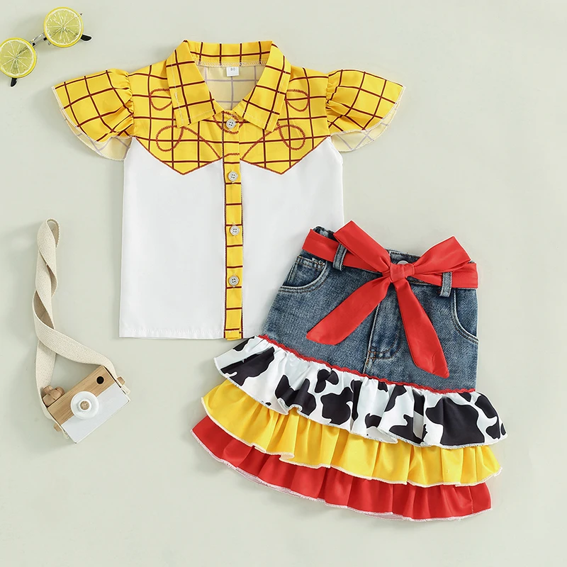 

2024-05-11 Lioraitiin Girls Summer Outfits Plaid Print Fly Sleeve Shirts Cow Pattern Ruffles Patchwork Denim Skirt Headband Set