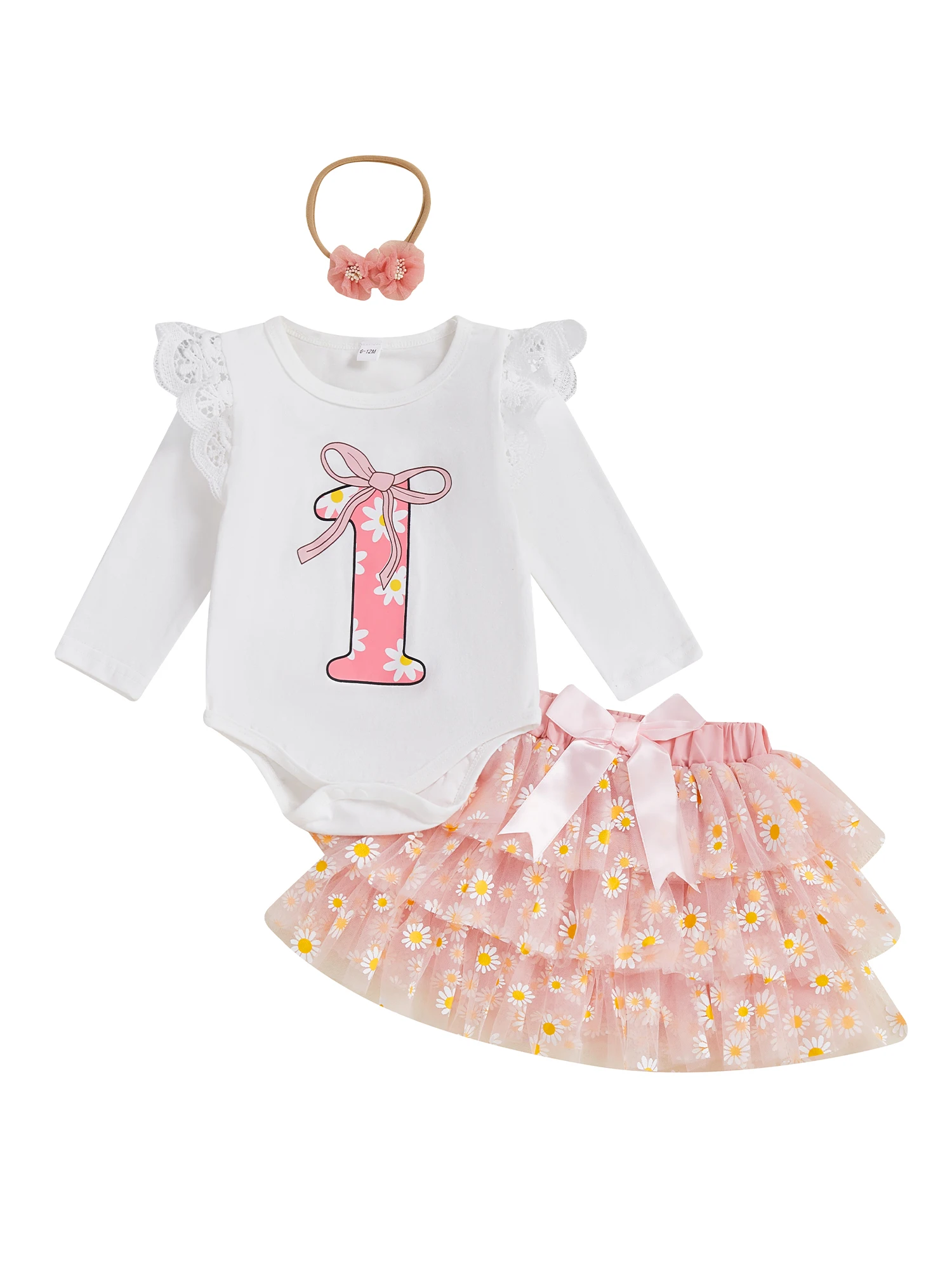 

Toddler Girl Floral Print Long Sleeve Romper Ruffle Tulle Skirt Bow Headband Set Baby Birthday Outfit Clothes