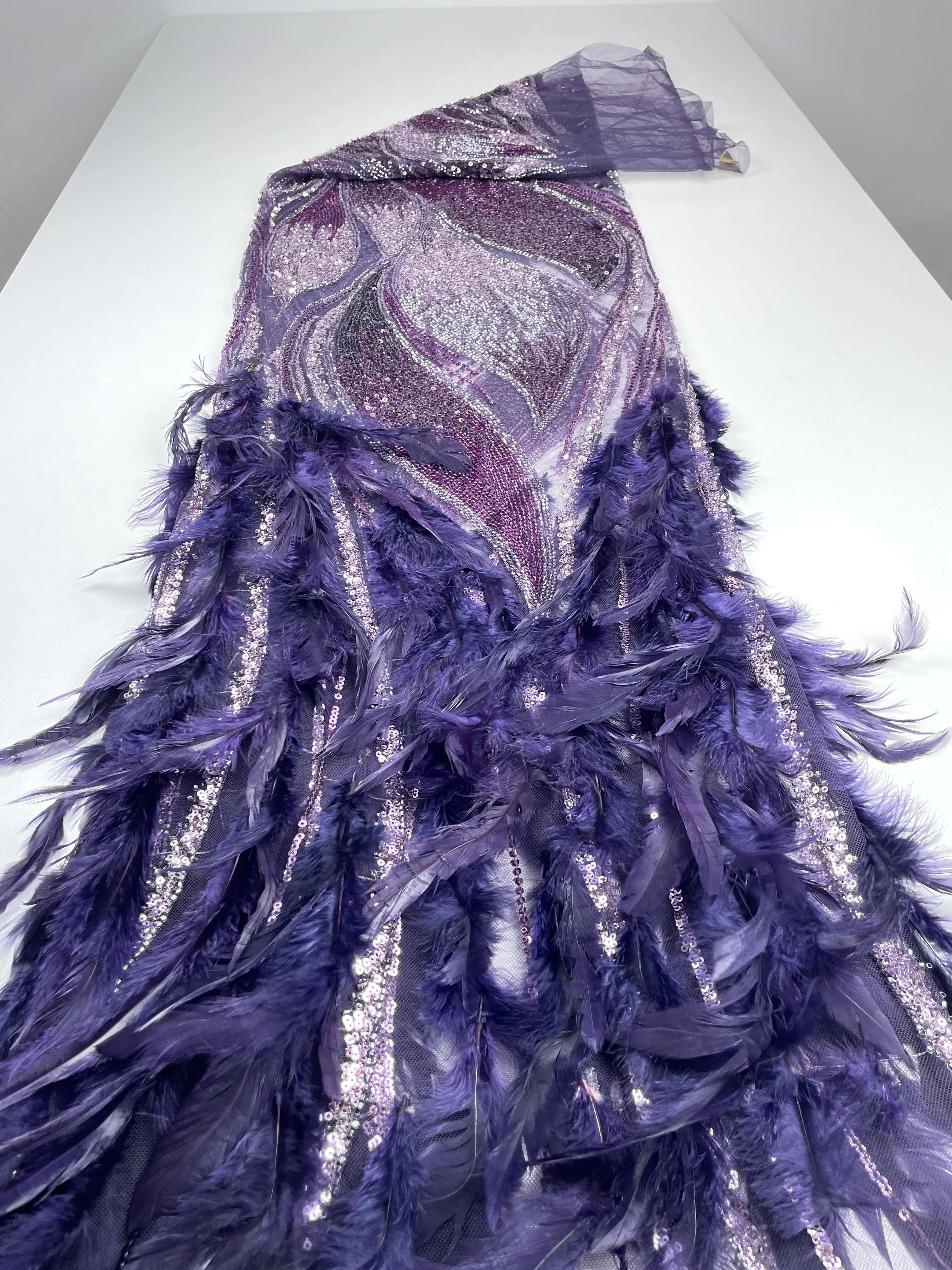 

5 ярдов африканская кружевная ткань с блестками и бисером 2026 Высокое качество 3D вышивка перьями французская нигерийская кружевная ткань для свадебного платья