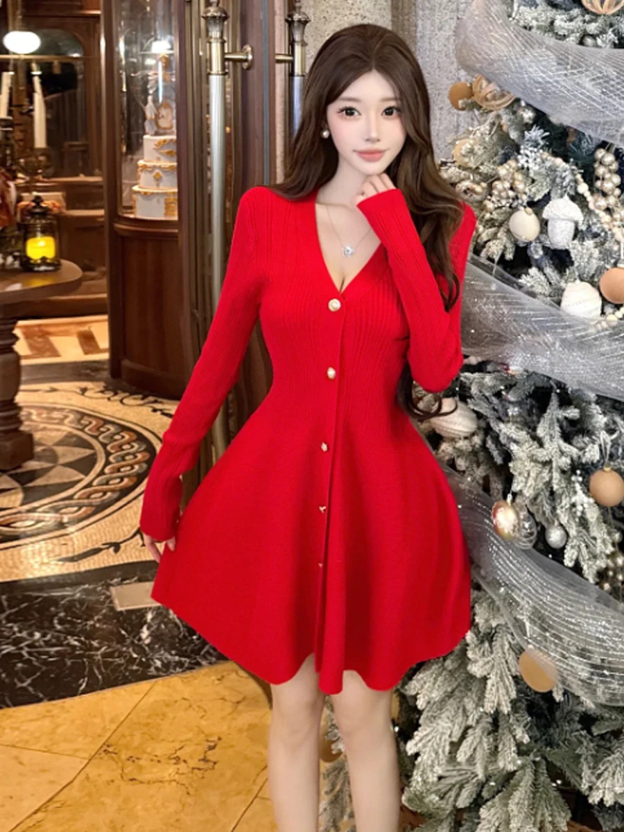 

Sexy Spicy Girl Cisas New Year Long Sve V-ne A-line ort Dr Waist-cinching Button-up Dr for Ladies