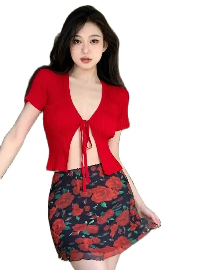 Two-Piece Pure Desire V-Neck Vintage Red Knit Top Printed Rose Skirt Vintage Slim Skirts Sexy Sheer Mesh Skirt Women Clothing