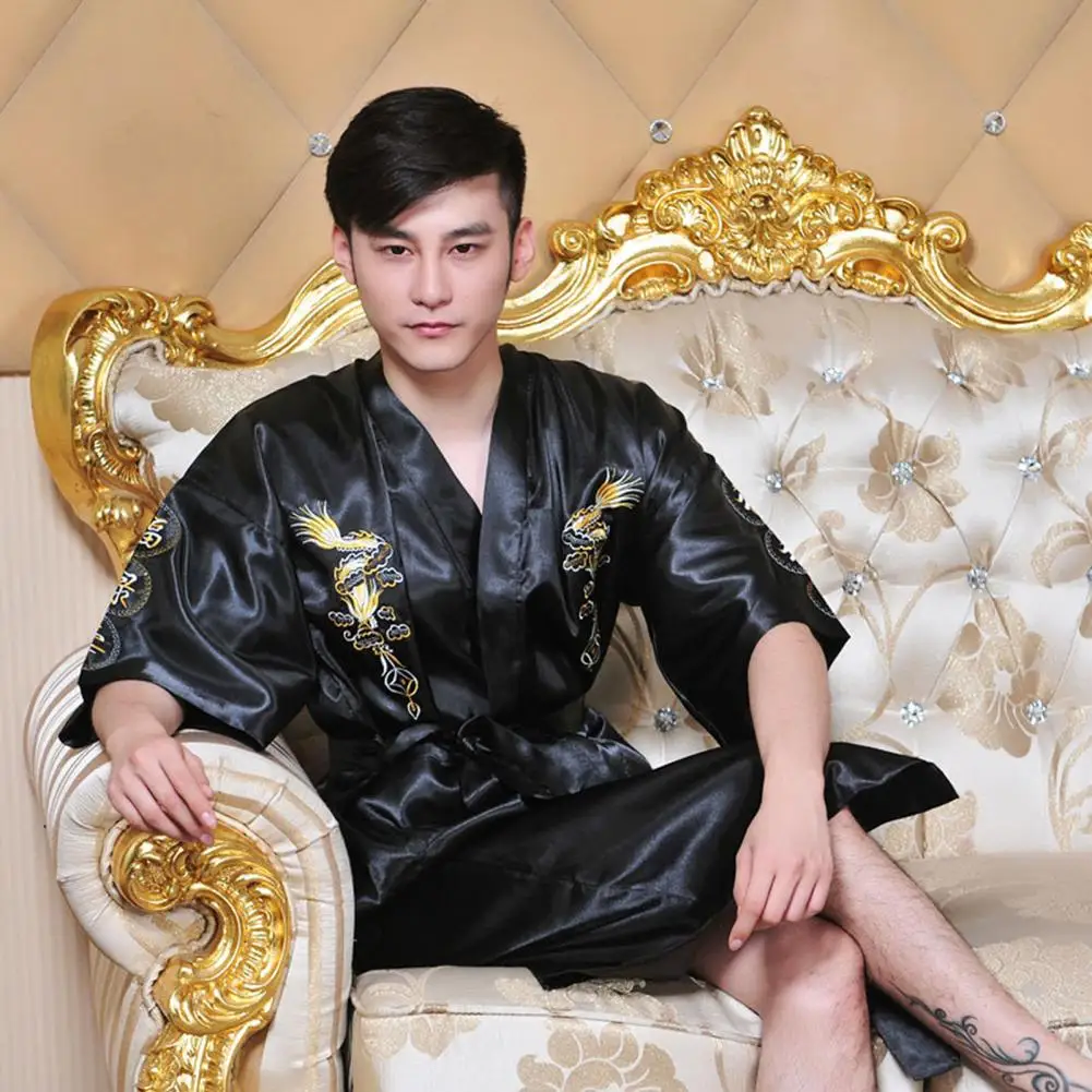 Dragon Pattern Bathrobe Cross Collar Nightgown Dragon Embroidered Men's Satin Nightgown with Chinese Style V Neck for Home