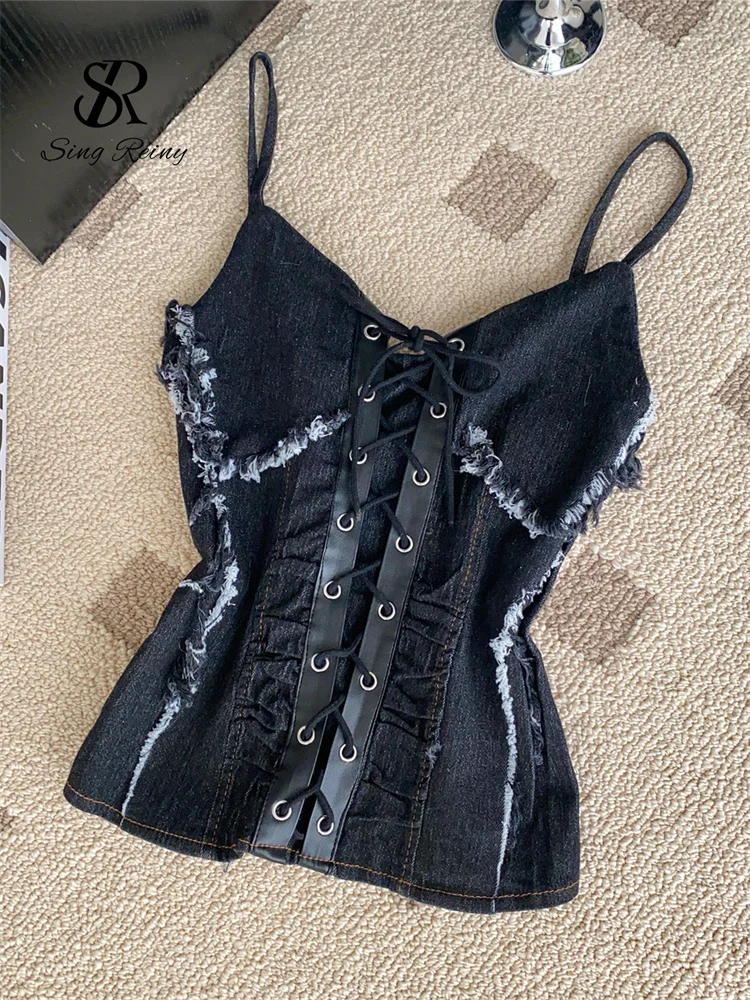 SINGREINY الأمريكية الرجعية الدانتيل يصل سليم الأعلى حزام الإناث مطاطا مثير عارية الذراعين بلوزة 2025 موضة عطلة الشاطئ الدنيم بروتيل