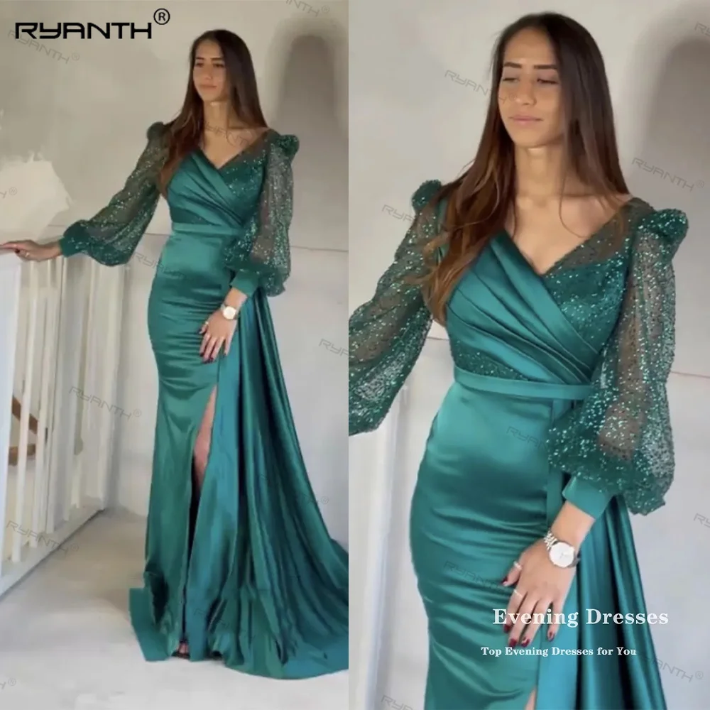 

Ryanth Evening Dress for Wedding Party V Neck Custom made Glitter Long Puffy Sleeves Mermaid Satin Arabic Celebrity Prom Gown