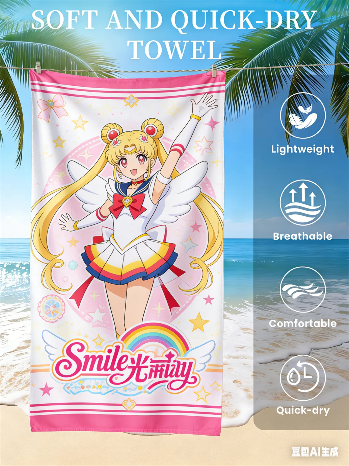 Sailor Moon Strandtuch, schnell trocknendes Handtuch mit Anime-Fan-Favoriten-Charakter-Print für Strand, Pool, Urlaub, Enthusiasten von Magical Girl