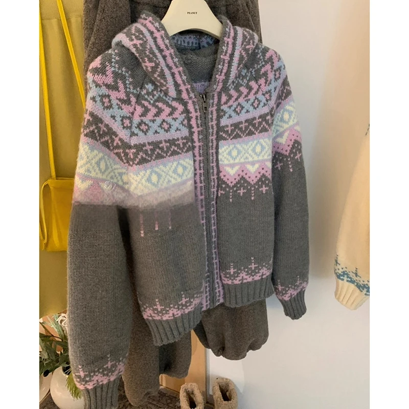Cozy Fair Isle Women Hooded Cardigan Zip Up Knit Sweater Long Sleeve Ribbed Loose Preppy Winter Outerwear Top