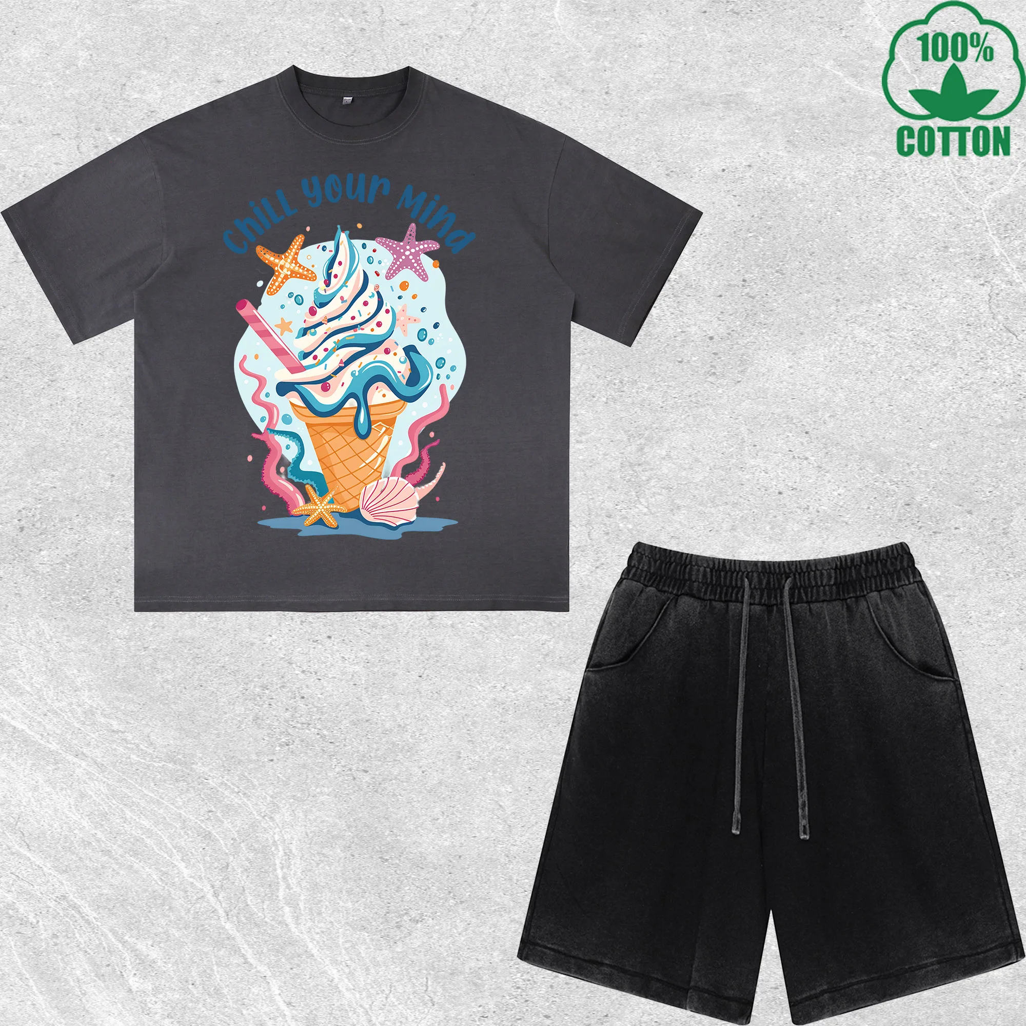 

Chill Your Mind Printed Dirty Wash T-Shirt Shorts Set Multicolor Combo Loose Trendy Fashionable 100%Cotton