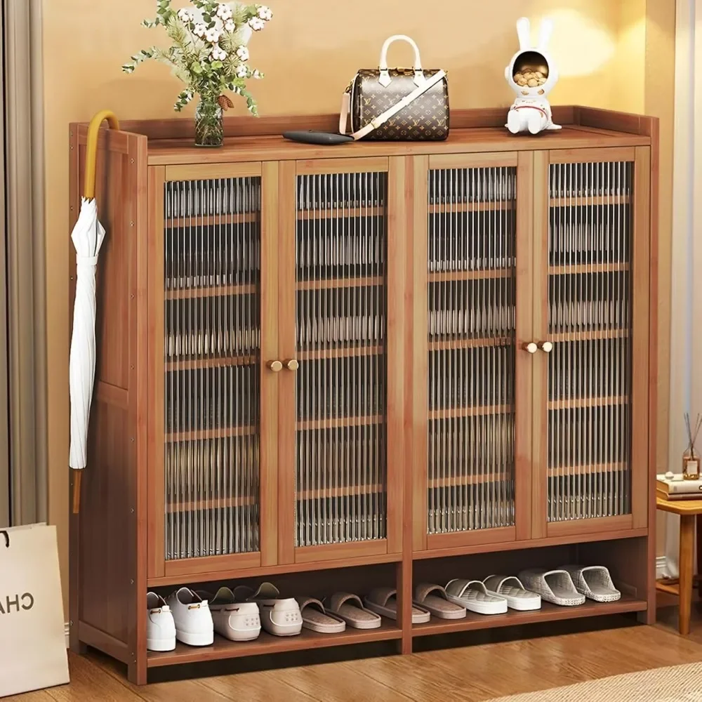 Shoe Cabinet with Doors, 8-Tier Storage Cabinet with Shelves,Bamboo Shoes Organizer Shoes Rack Cabinetfor Entryway, Hallway,