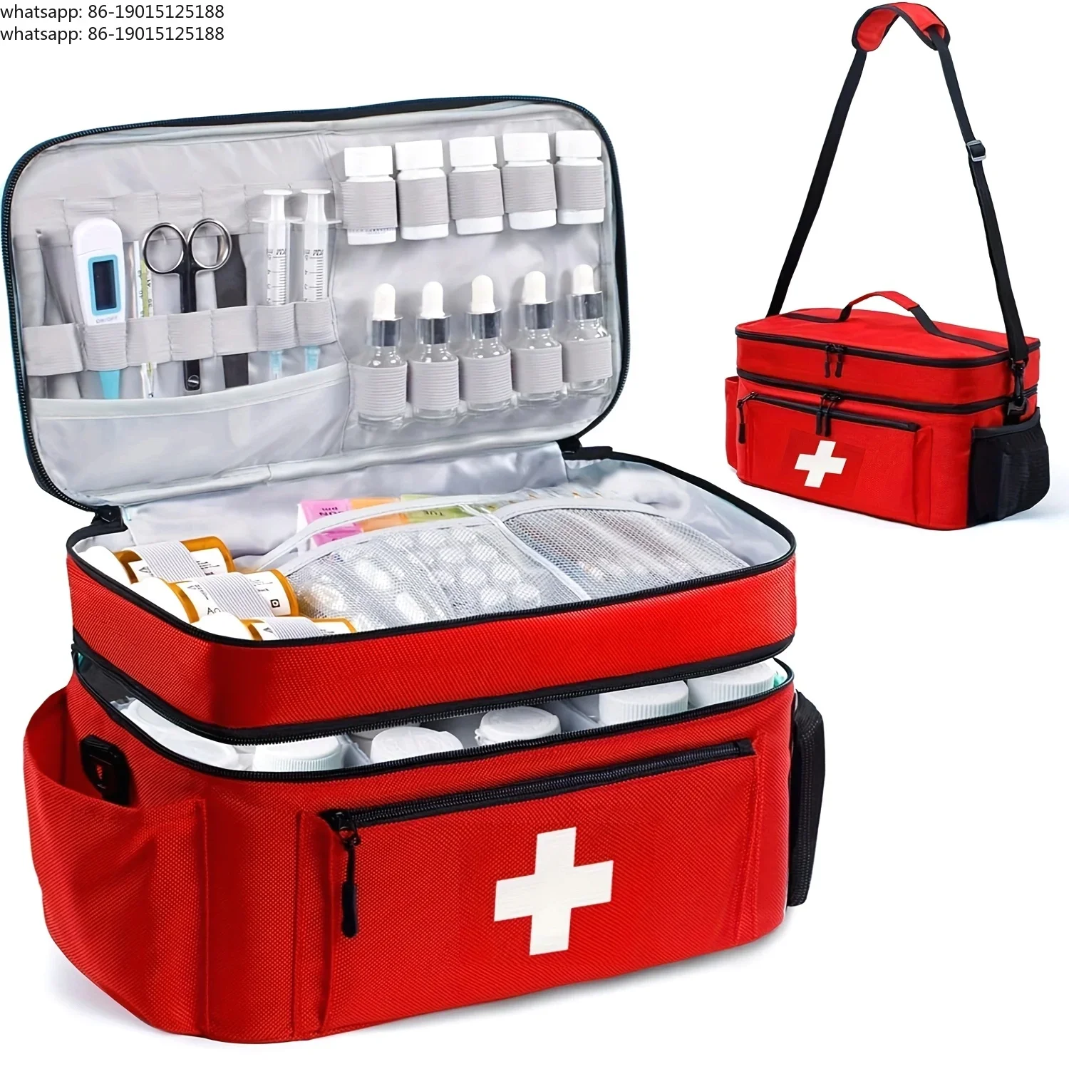 Large capacity travel medicine storage bag, portable emergency kit, double layer design, front bag, various ways to transport.