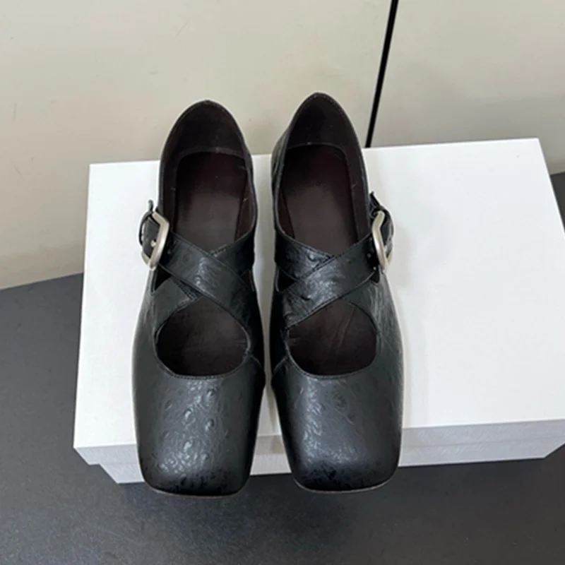 

Jenny&Dave French Genuine Leather Mary Jane Flats Shoes Minimalist Textured Square Toe Summer Shoes Cross Strap Shoes Women