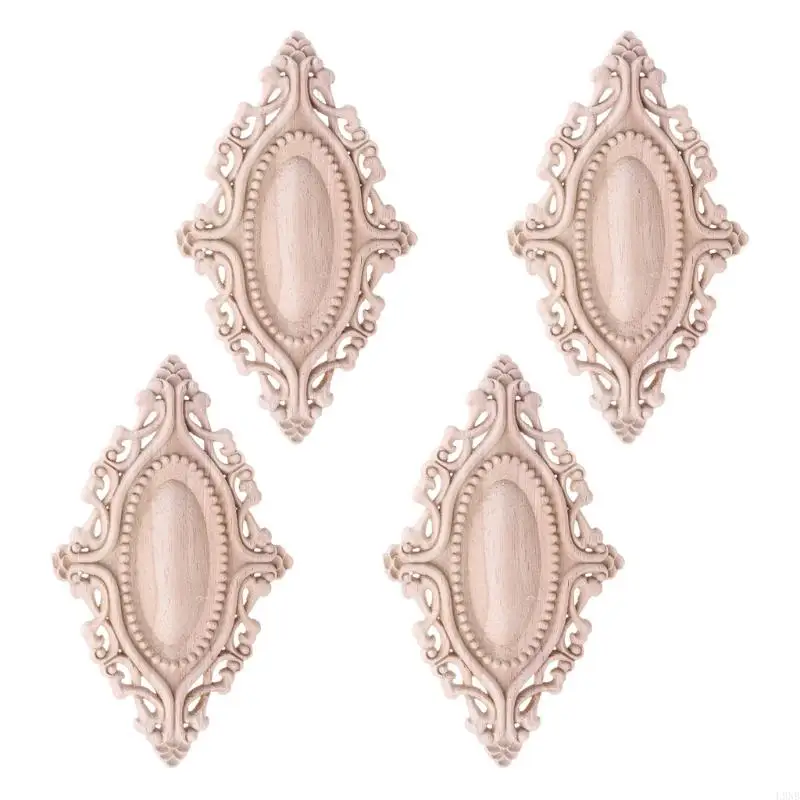 

L9NB 4pcs Carved Onlay Applique Oval Carving Flower Unpainted Frame Furniture Wall Door Woodcarving Decoration