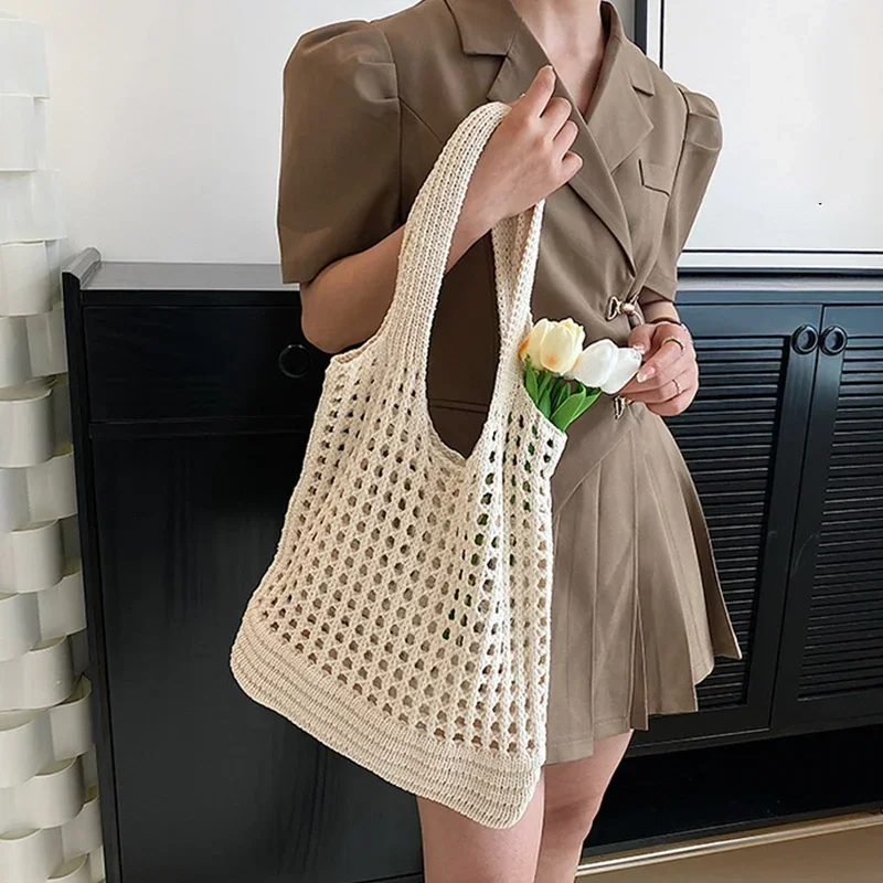 Knitted Hollow Shoulder Bag Underarm Bag Large Capacity Crochet Women's Shopping Totes Casual Beach Commuting Bag 2024