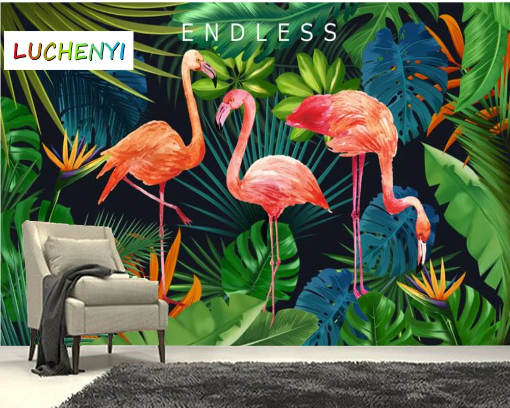 Papel de parede custom tropical plant Flamingo dark green leaves wallpaper mural,living room tv wall  bedroom home decor