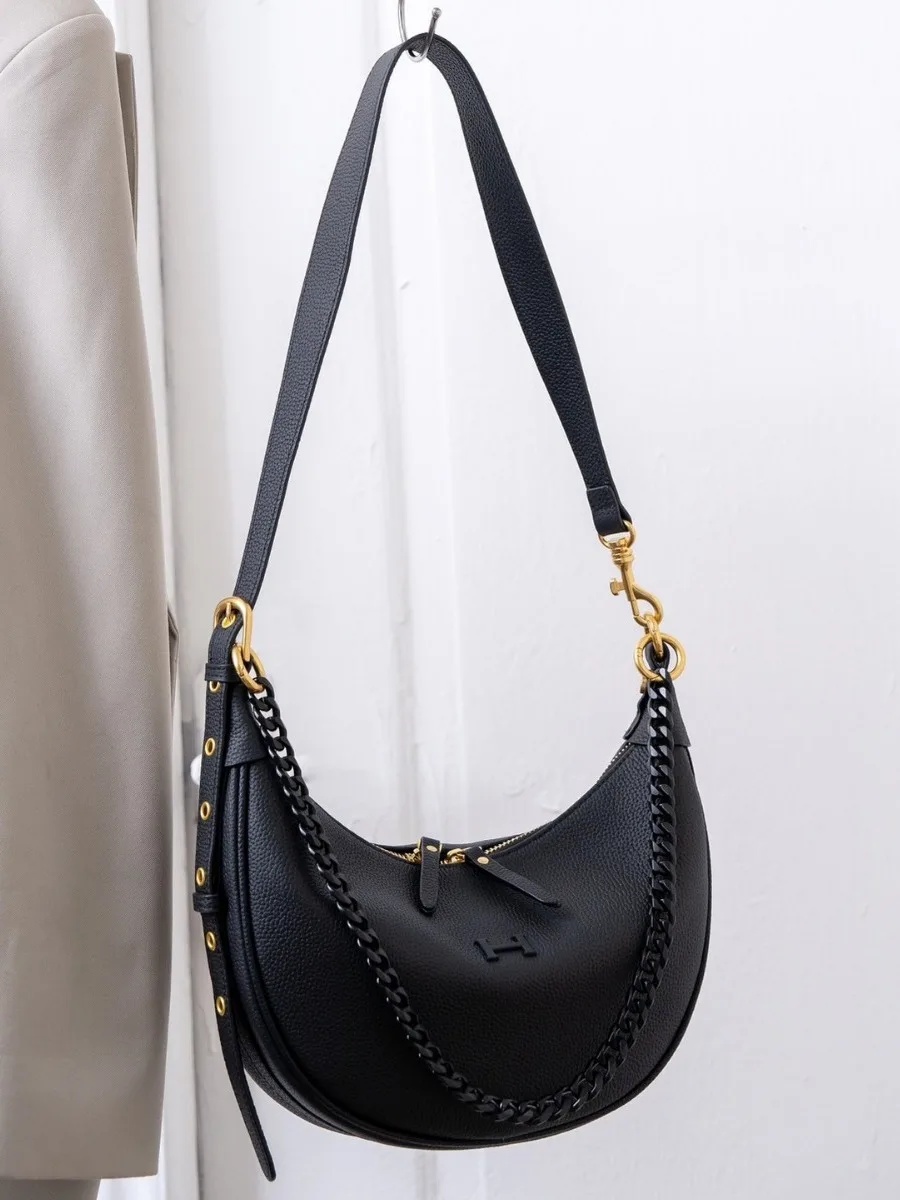 

Сумка подмышки из натуральной кожи с дизайном Moon Tooth, верхний слой из воловьей кожи, новинка 2024, простая, наклонная на одно плечо, подходящая для всех