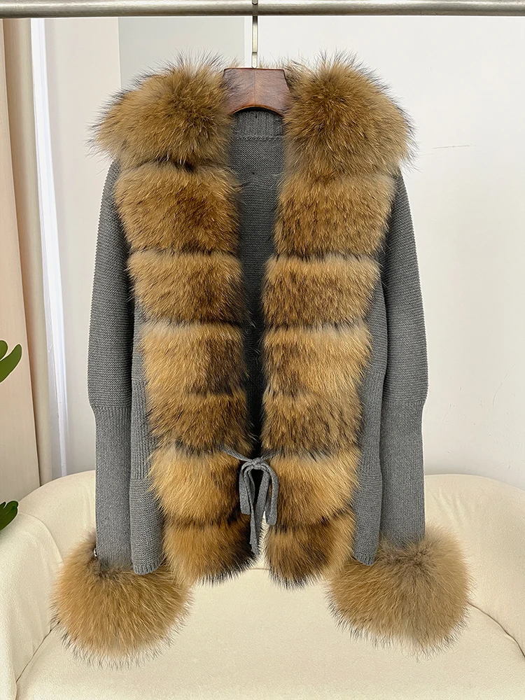 

FURYOURSELF 2025 Women Removable Natural Real Raccoon Fox Fur Collar Cuffs 100% Cotton Sweater Streetwear Outerwear Four-season