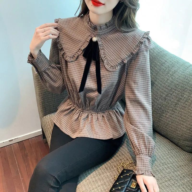 2022 Nieuwe Herfst Vintage Plaid Print Bow Chic Elegante Mode Blouse Tops Vrouwen Casual Slanke Kleine Taille Peter Pan kraag Shirts