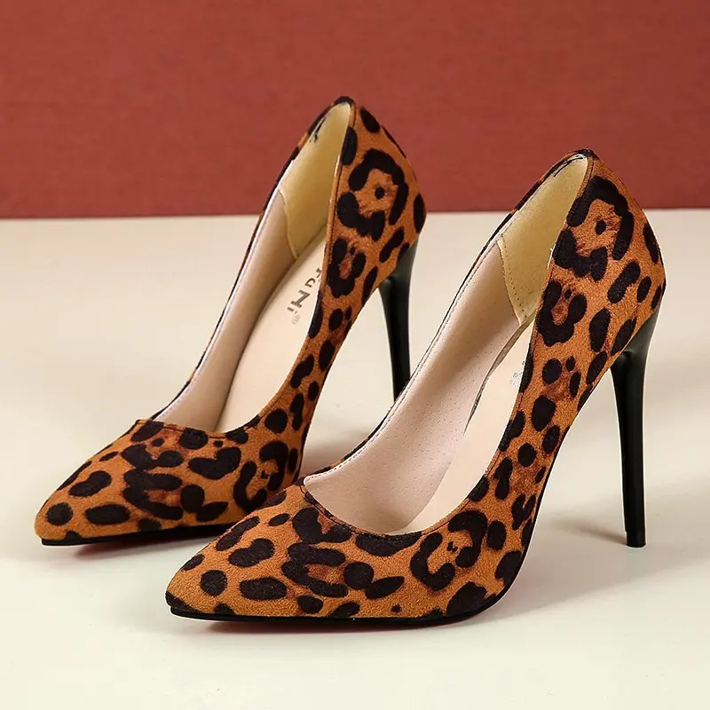 Red Rubber Bottom High Heels Shoes Women Pumps Flock Leopard Print Sexy Stilettos Party Heeled Designer Shoes Plus Big Size  43