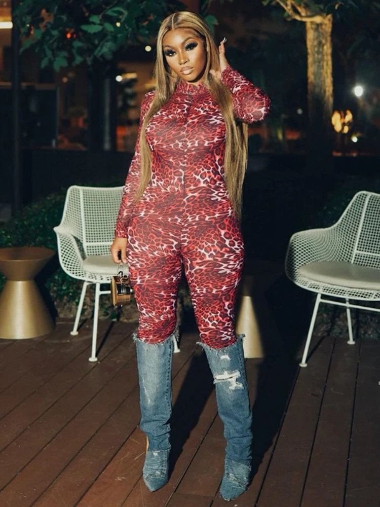 

FDYOUI Woman Clothing Leopard Print Mesh Jumpsuits Red Night Club Overalls Sexy Lace-up Long Sleeve Backless Skinny Bodysuits