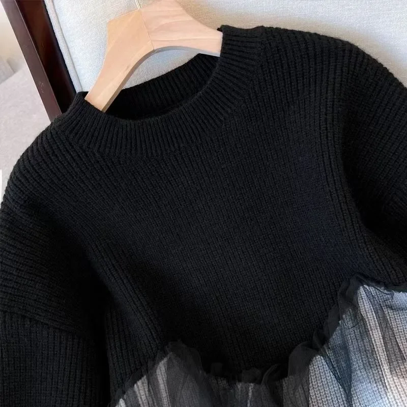 Neploe Oversize Long Sleeve  Sweaters 2024 Autumn New Loose Mesh Patchwork Pullovers Y2k Long Sleeve Knitted Tops Women