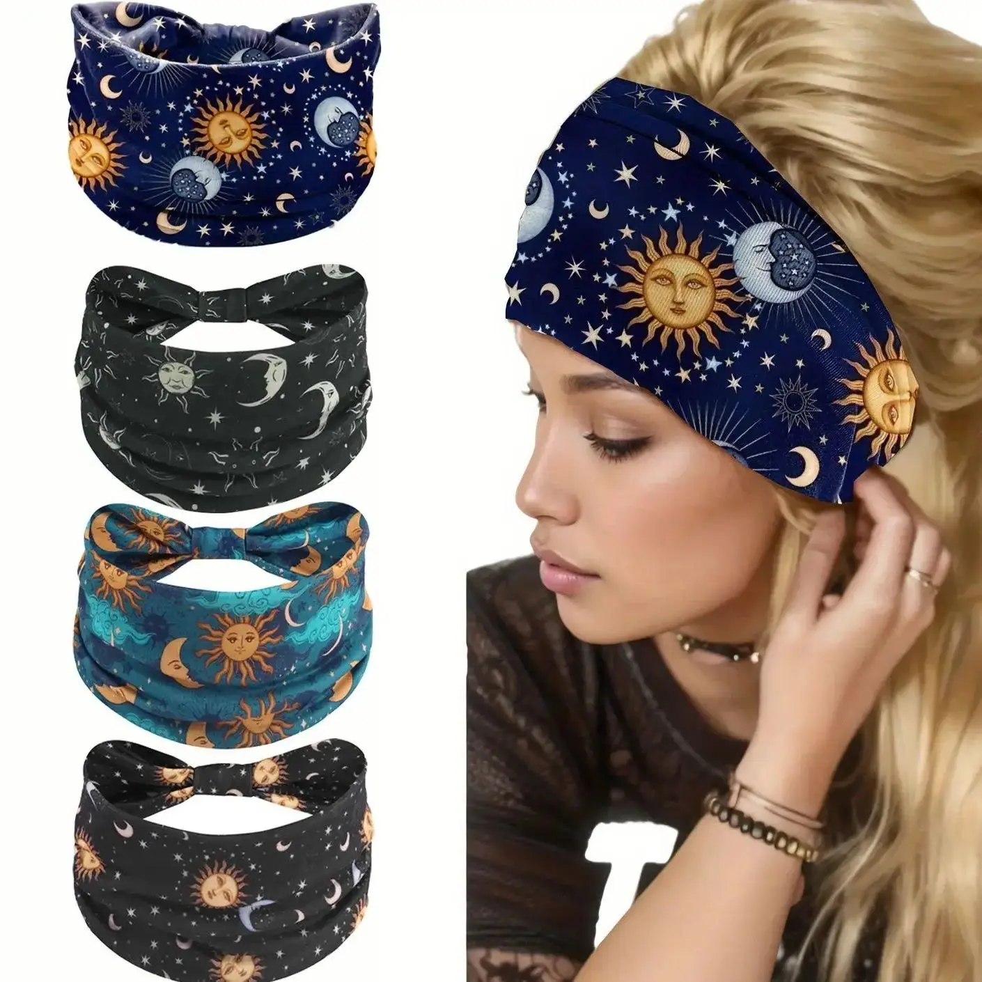 

Персонализированная повязка для волос с принтом звезд и луны, широкая, для йоги, фитнеса, спорта