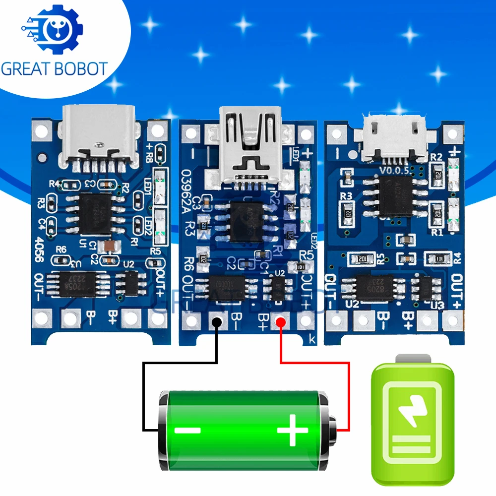 5PCS 5V 1A Micro/Type-c/Mini 18650 TP4056 Lithium Battery Charger Module Charging Board With Protection Dual Functions  Li-ion