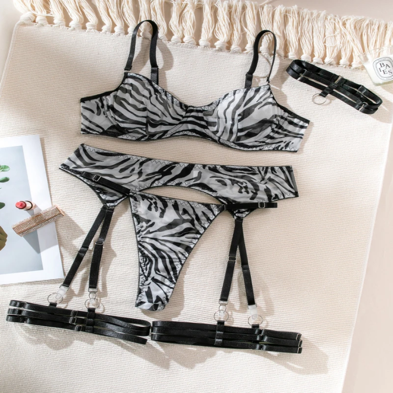 

Bikini Sexy Underwear Mesh Floral Print Zebra See-through Gathered Wild Belt Bandana Comfortable Bra Four-Piece Set