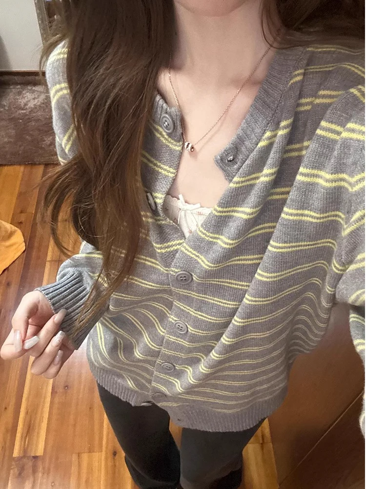 Damska dzianinowa bluzka w paski na wiosnę i jesień, swobodny sweter, kardigan, płaszcz, luźny krój, długi rękaw, okrągły dekolt...