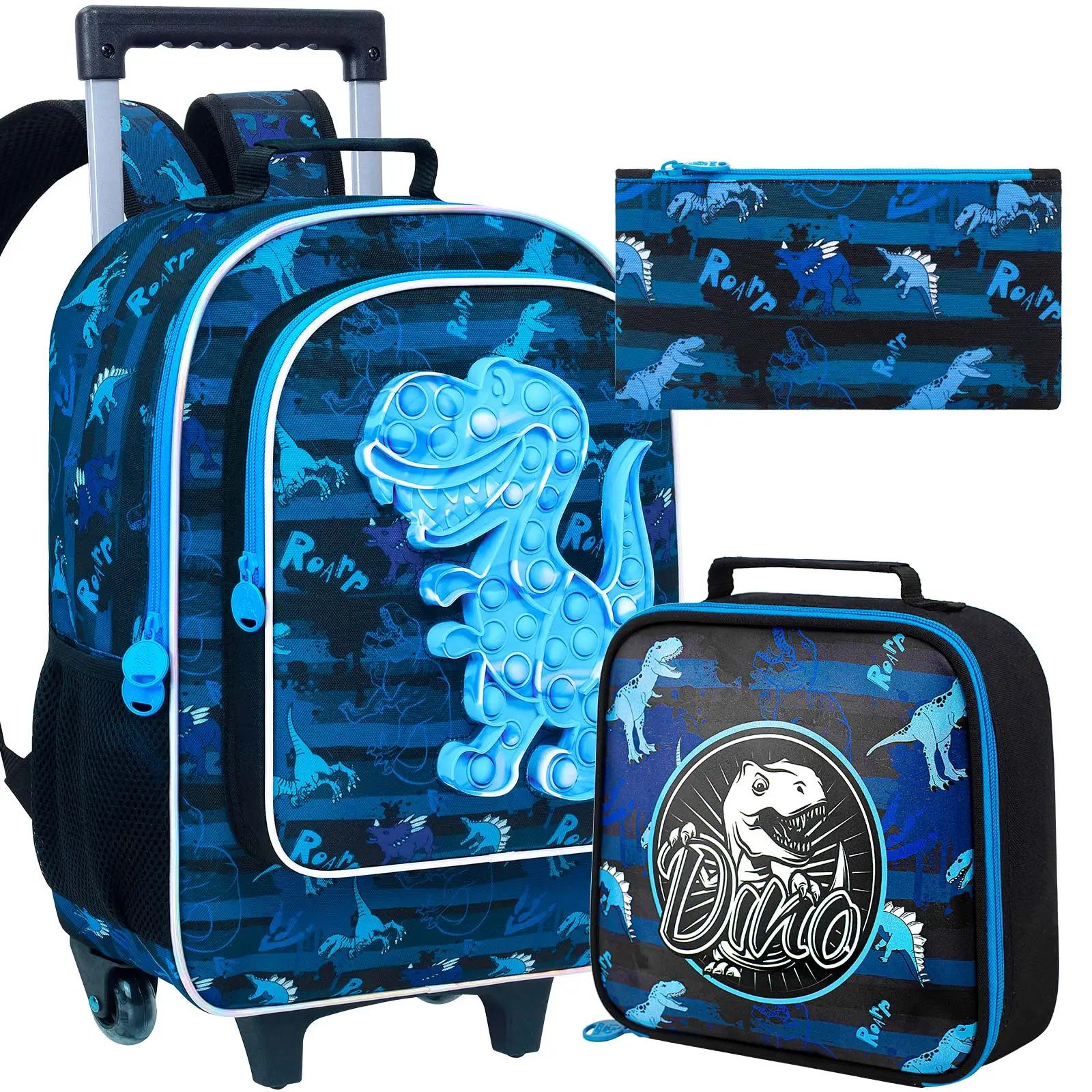 

3PCS Rolling Backpack Boys, Kids Roller Wheels Bookbag, Wheeled School Bag with Lunch Bag - Dinosaur Bule
