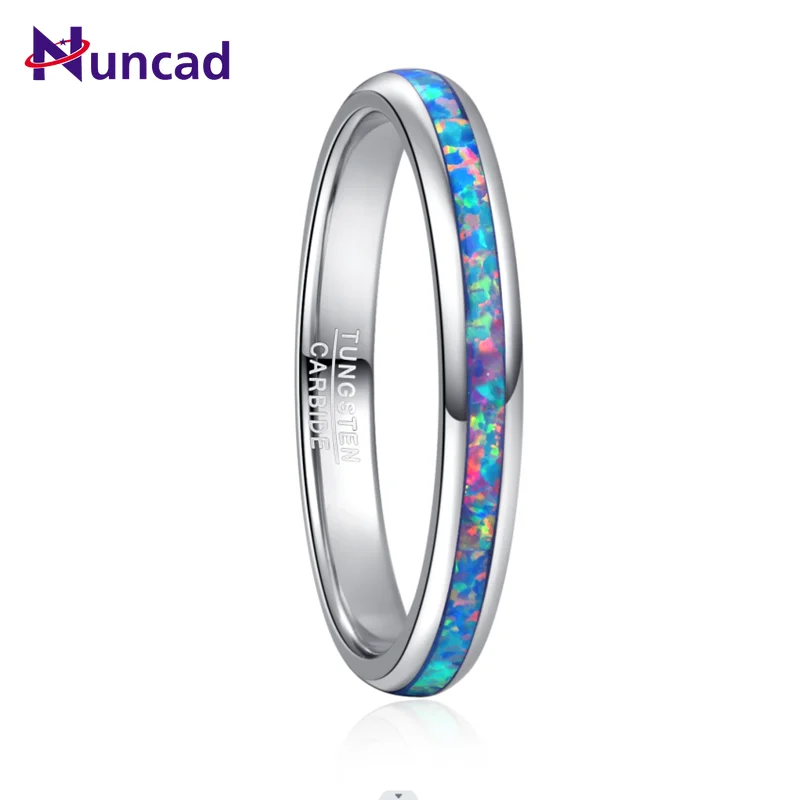 

NUNCAD 3mm Tungsten Carbide Ring Steel Color Dome Polished Inlaid Pink Blue Opal Women's Ring Wedding Best Gift Wholesale