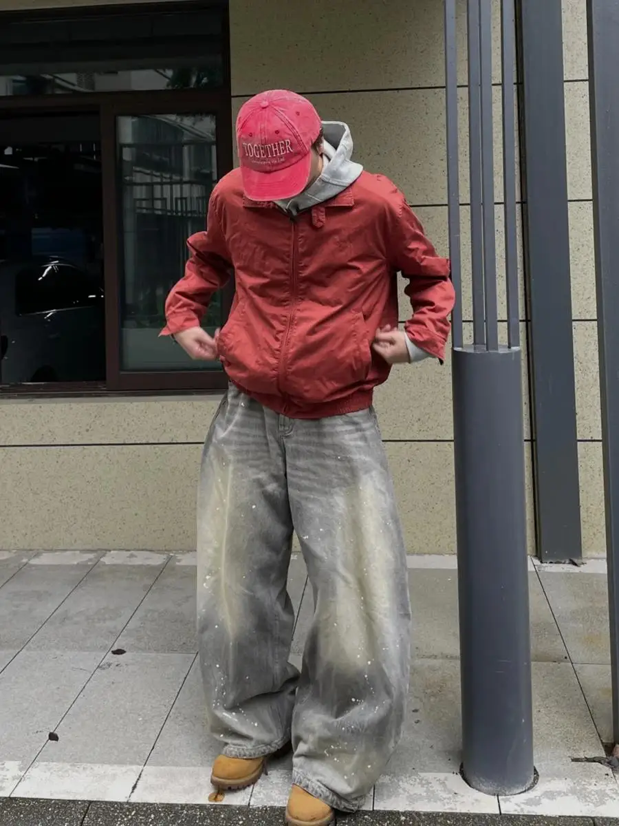 American High Street Retro Splashed Ink Design Knife Jeans Men Loose Wide Leg Casual Drapey Long Pants Trendy Jeans
