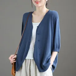 Ice Silk New Cardigan lavorato a maglia a maniche medie abbigliamento per la protezione solare per le donne sciolto e Versatile edizione letteraria coreana dimagrante