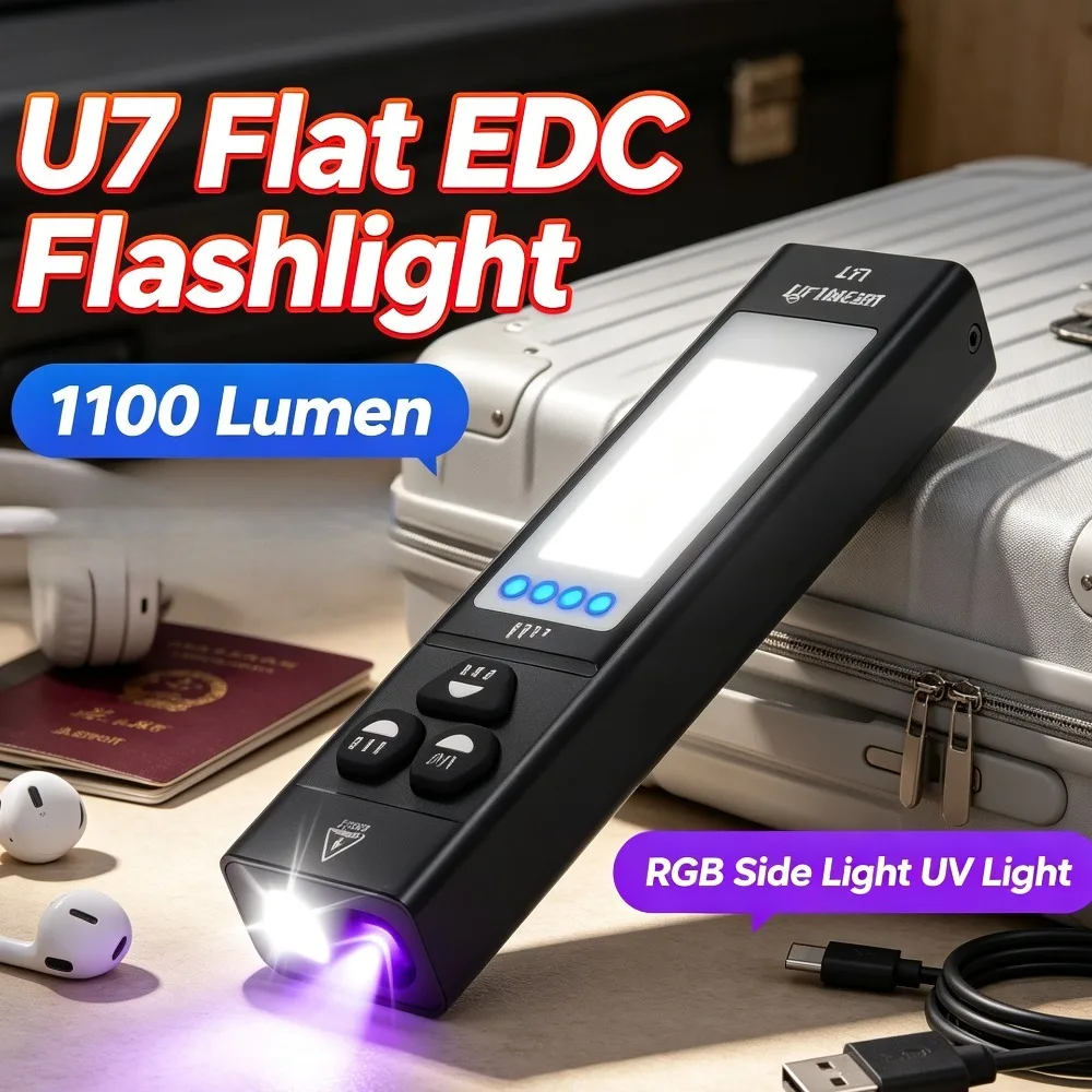 U7 EDC Flat High‑Lumen Flashlight 1100 Lumen Torch RGB Ambient Side Light Magnetic Charging for Pocket Carry Outdoor Emergency