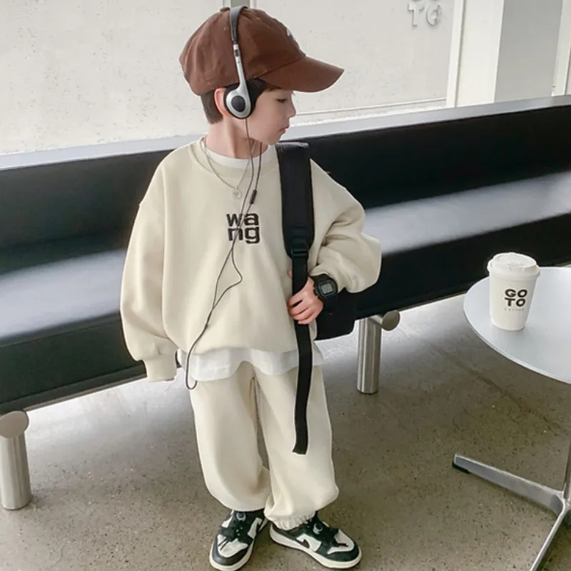 Boys Sweatshirts+Trousers Cotton Kids Sport Suits 2PCS/Set 2023 Apricot Spring Autumn School Teenagers Tracksuit Children Sets