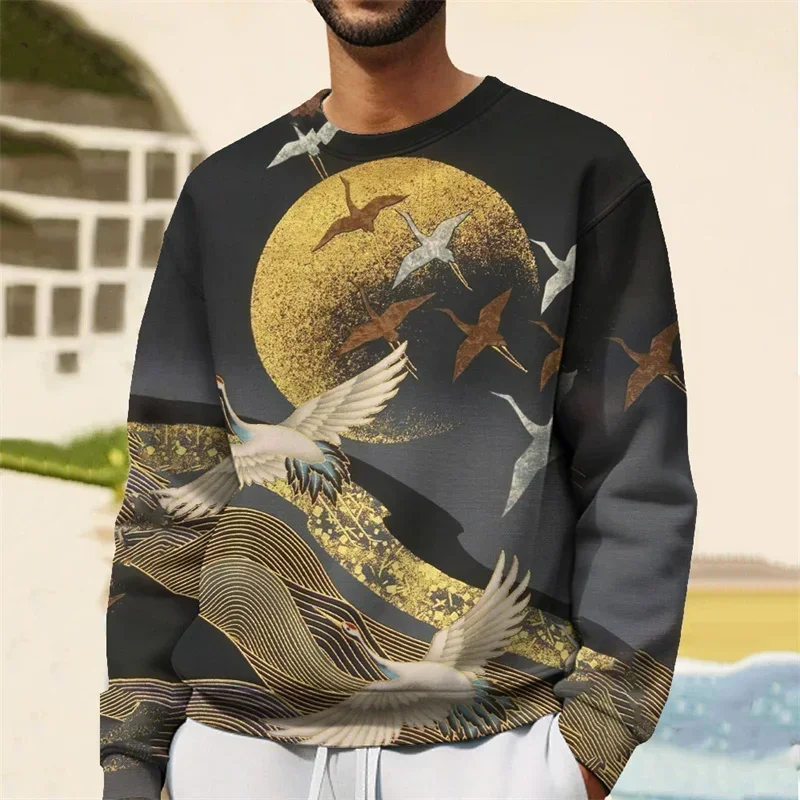 

Crane Sun Pattern Men's Retro 3D Printed Sweater Spring and Autumn Long Sleeve Loose Top Round Neck Pullover Men's Clothing