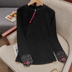 Vintage Women's Solid Color Long Sleeve Shirt Cuff Stitched Embroidered Shirts Autumn Winter Fashion Chinese Style Base Blouse