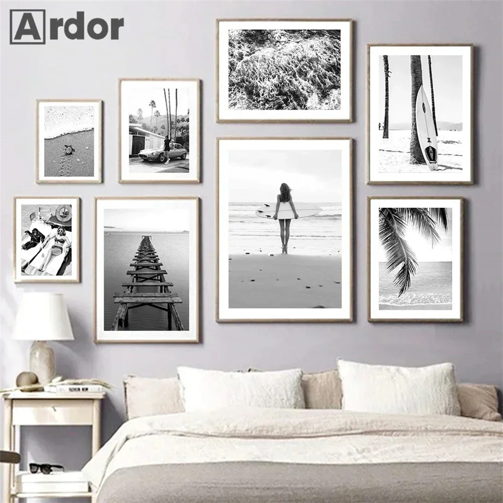 Black White Sea Beach Surf Girl Palm Leaf Picture Canvas Painting Nordic Posters and Prints Modern Wall Art Living Room Decor