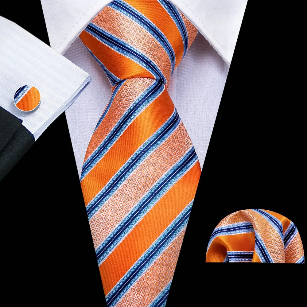 Fashion Luxury Orange Striped 100% Silk Tie Gifts For Men Gifts Suit Wedding Tie Barry.Wang NeckTies Hanky Sets Business LN-5334