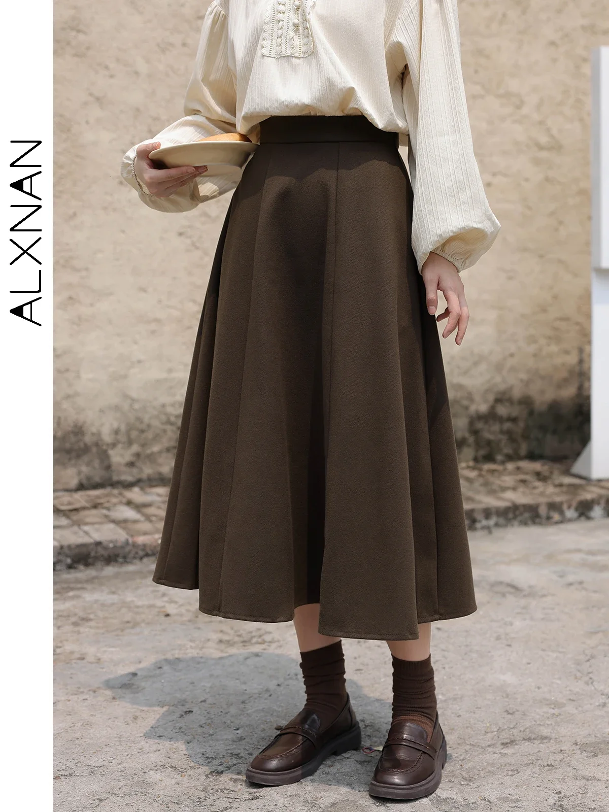 ALXNAN High Waist A-line Skirt for Women 2023 Fall New Mid-length Pleated Commuter French Retro Skirts Sold Separately LXN216105