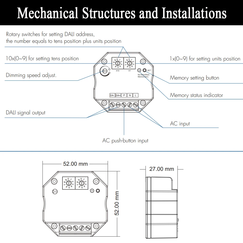 DALI Push LED Dimmer DA-P AC 110V 220V 230V with Push Dimming for DALI LED Driver Ballasts Memory Funtion DALI Bus Power Supply