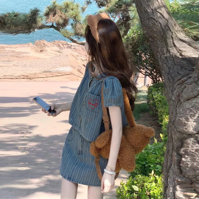 

Fashionable Vintage Denim Two-Piece Set Youthful Design Short Sleeve Shirt And Short Skirt Comfortable Cotton Blend