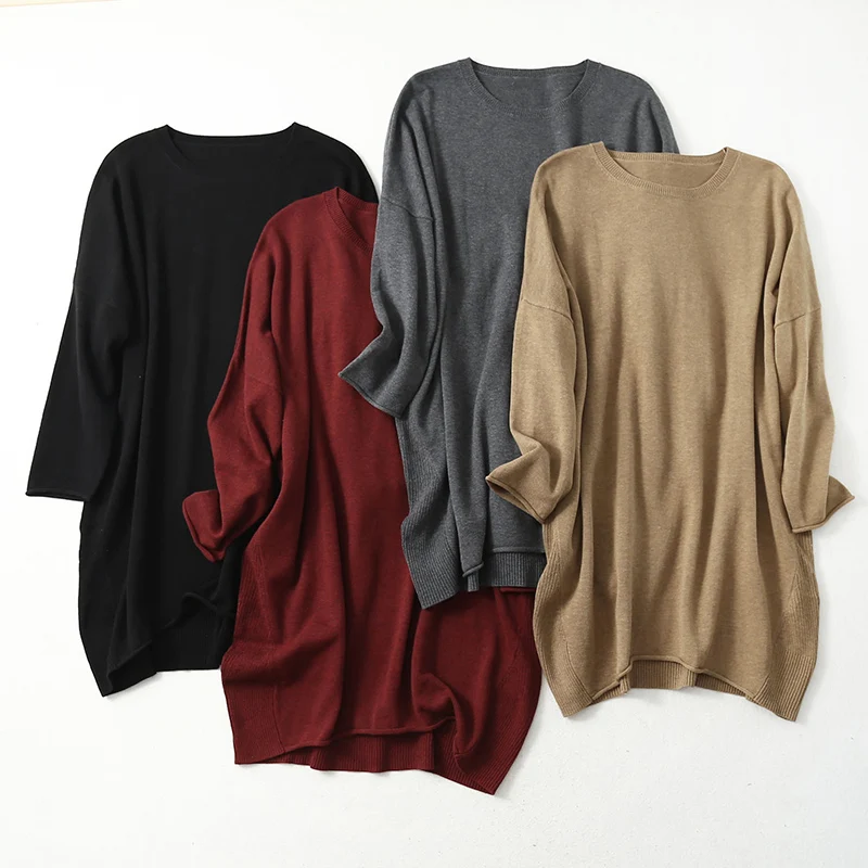 Women\'s 85% Silk 15% Cashmere Crew Neck Long Loose Type Pullover Top Sweater Dress LY001