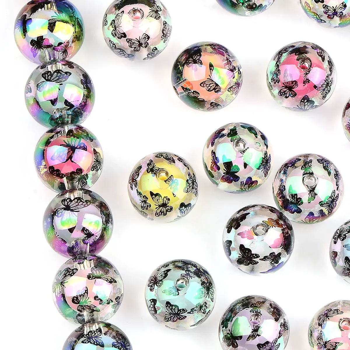 5pcs 1.6cm Random Color Mix Colorful UV Plated Black Round Beads Butterfly Pattern Acrylic Beads DIY Bracelet Accessories