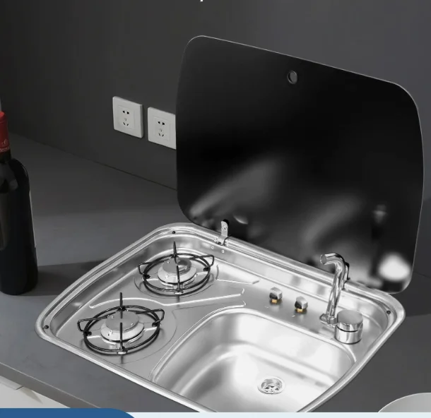 RV Integrated Sink Gas Stove Combo Stainless Steel 2‑Burner Gas Cooker With Sink For Camper Van Caravan