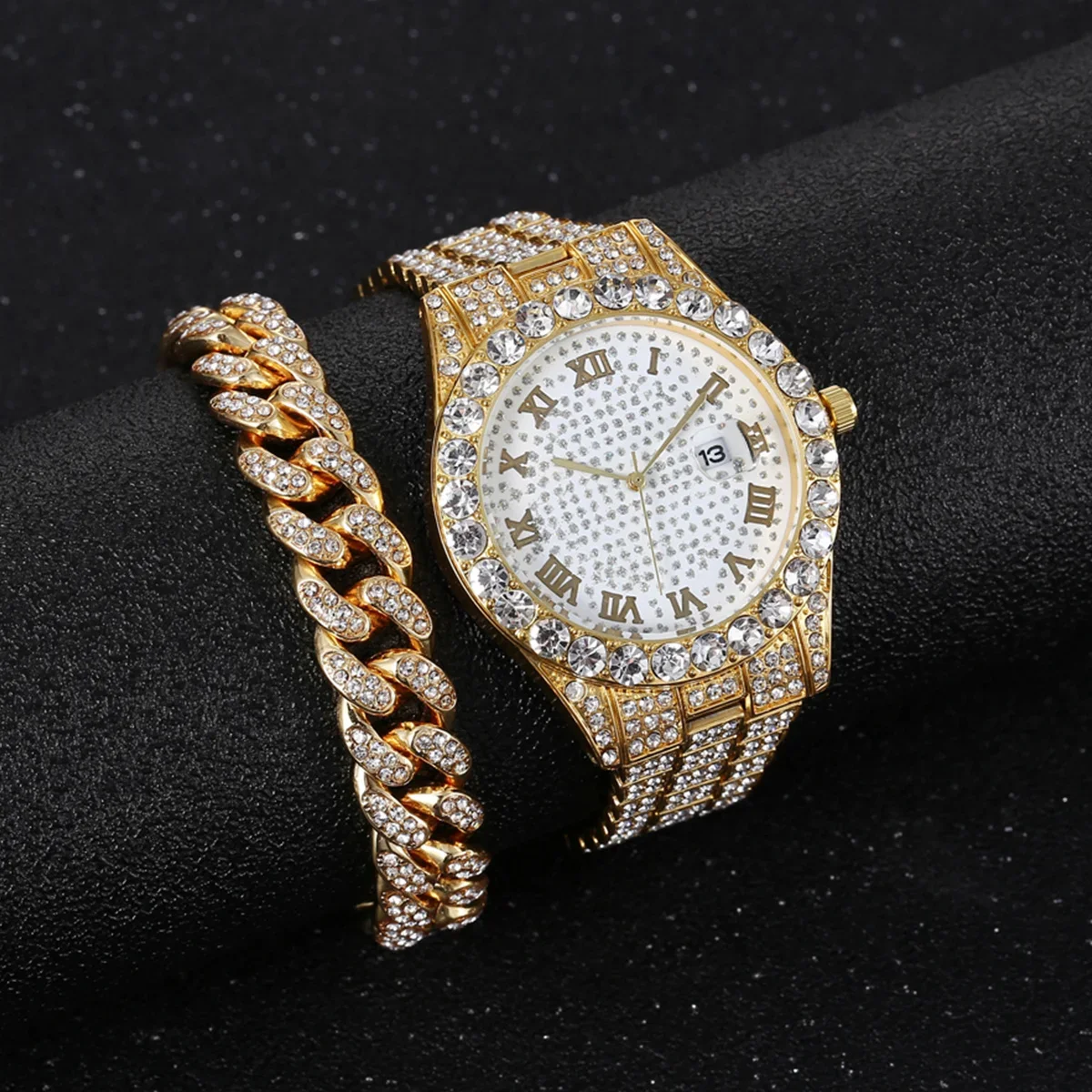 2pcs/set Rhinestone Large Dial Steel Strap Quartz Zinc Alloy Watch And Cuban Link Style Bracelet Set(1 Watch+1 Bracelet)