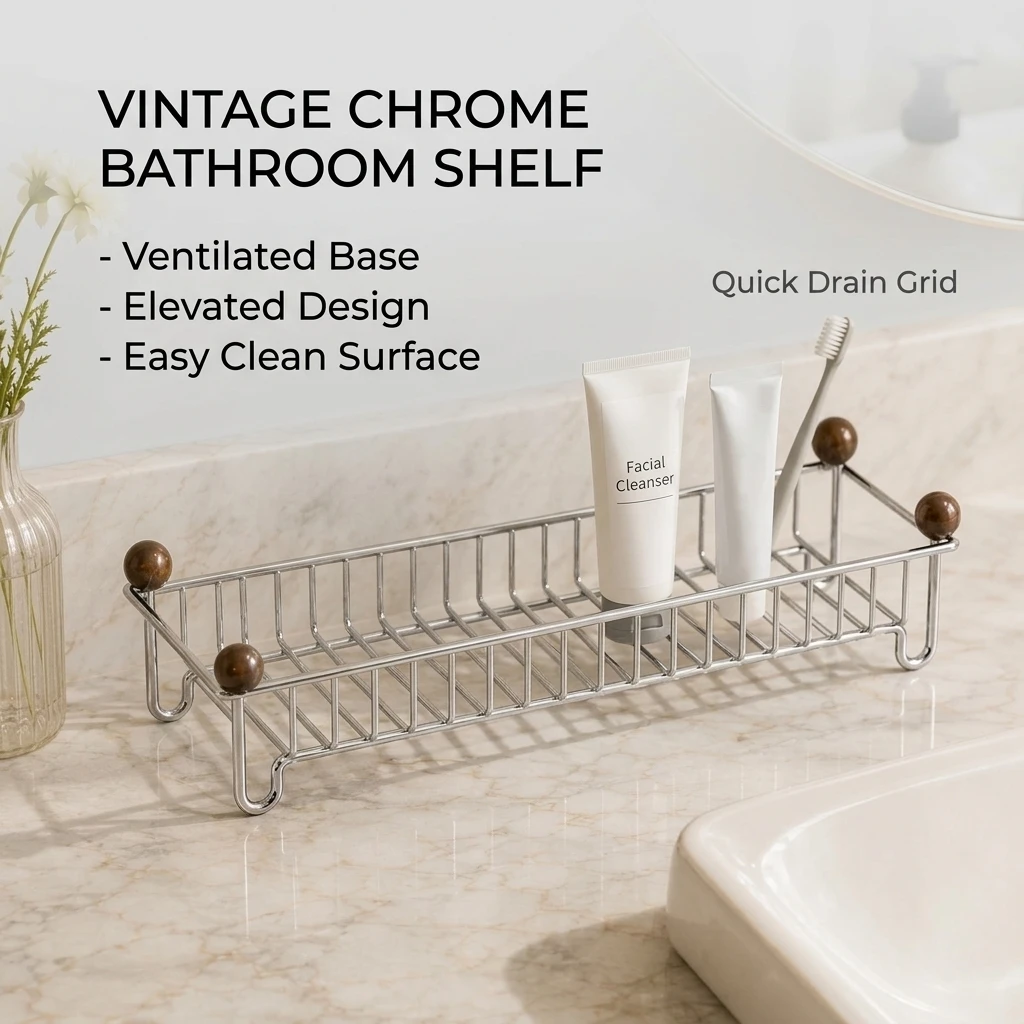 Drainage Bathroom Organizer Chrome-Plated Metal Vanity Tray Stylish for Sink Countertop Skincare Cosmetics Storage Basket