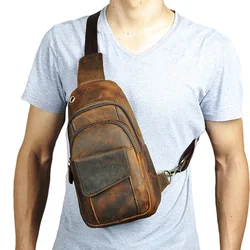 Men Cross body Sling Backpack Shoulder Chest Bag Travel Climb Genuine Leather Crazy Horse Cowhide Retro Male Messenger Bags