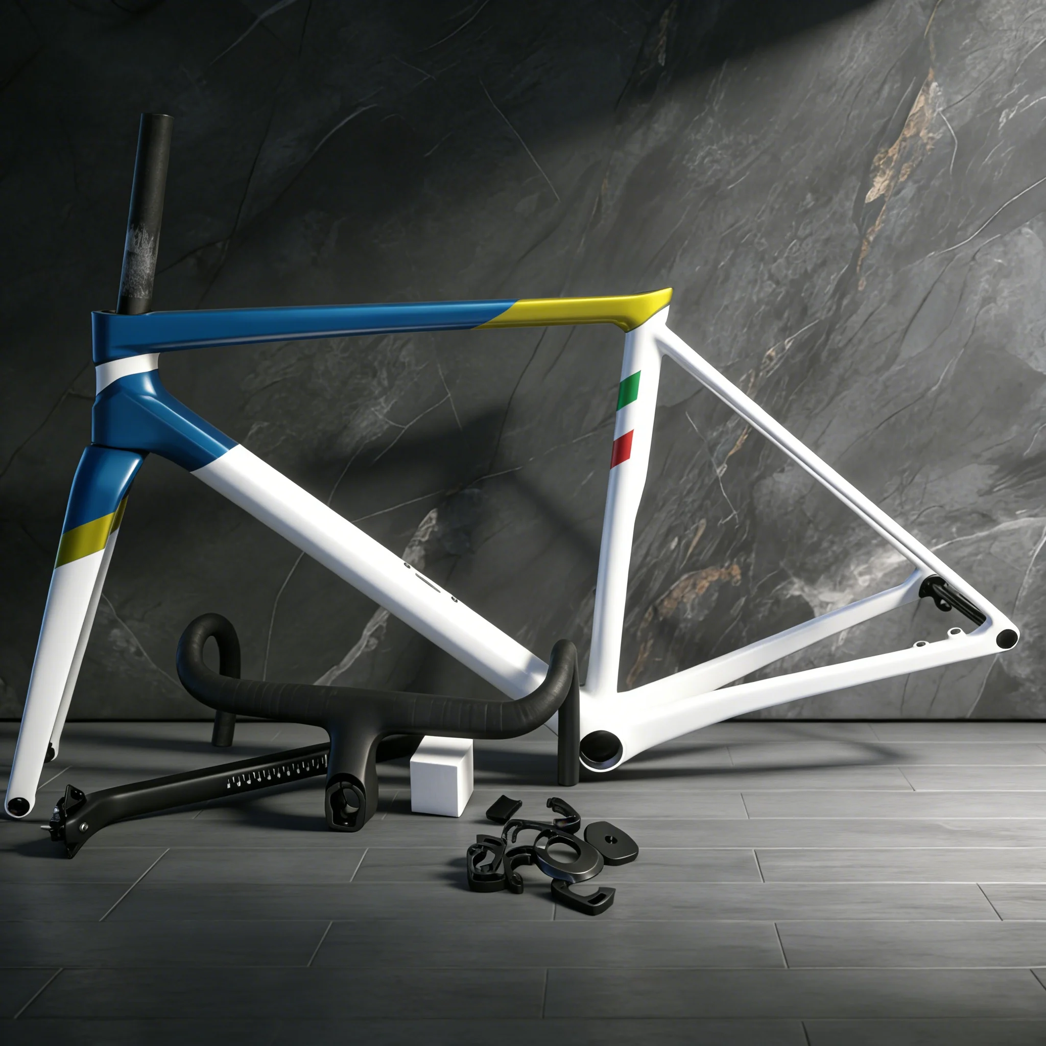 

C68 carbon fiber road bike frame, disc brakes, blue and white; T47 full carbon fiber road bike frame, internal cable routing.