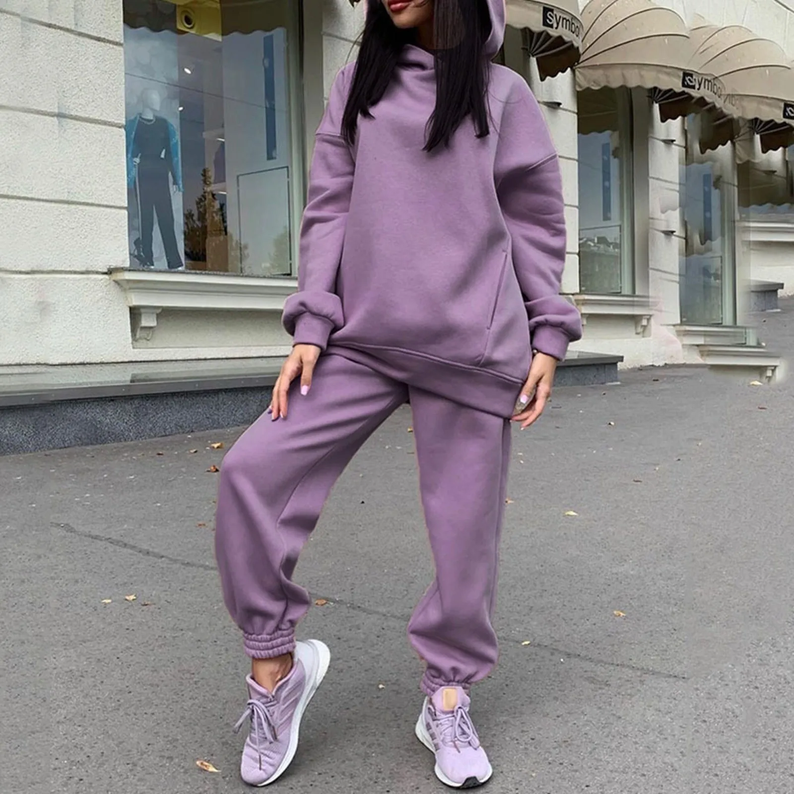 Oversized 2 Piece Outfits Women Autumn Tracksuit Solid Color Loose Elastic Waist Thick Hooded Pocket Winter Hoodie Pants Set