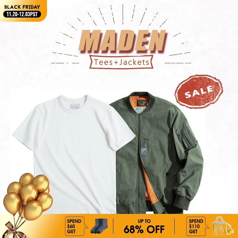 

Maden Men's MA-1 Flight Bomber Jackets and T-shirts Vintage Air Pilot Jacket Green Baseball Suit Coat 2 Piece Tops